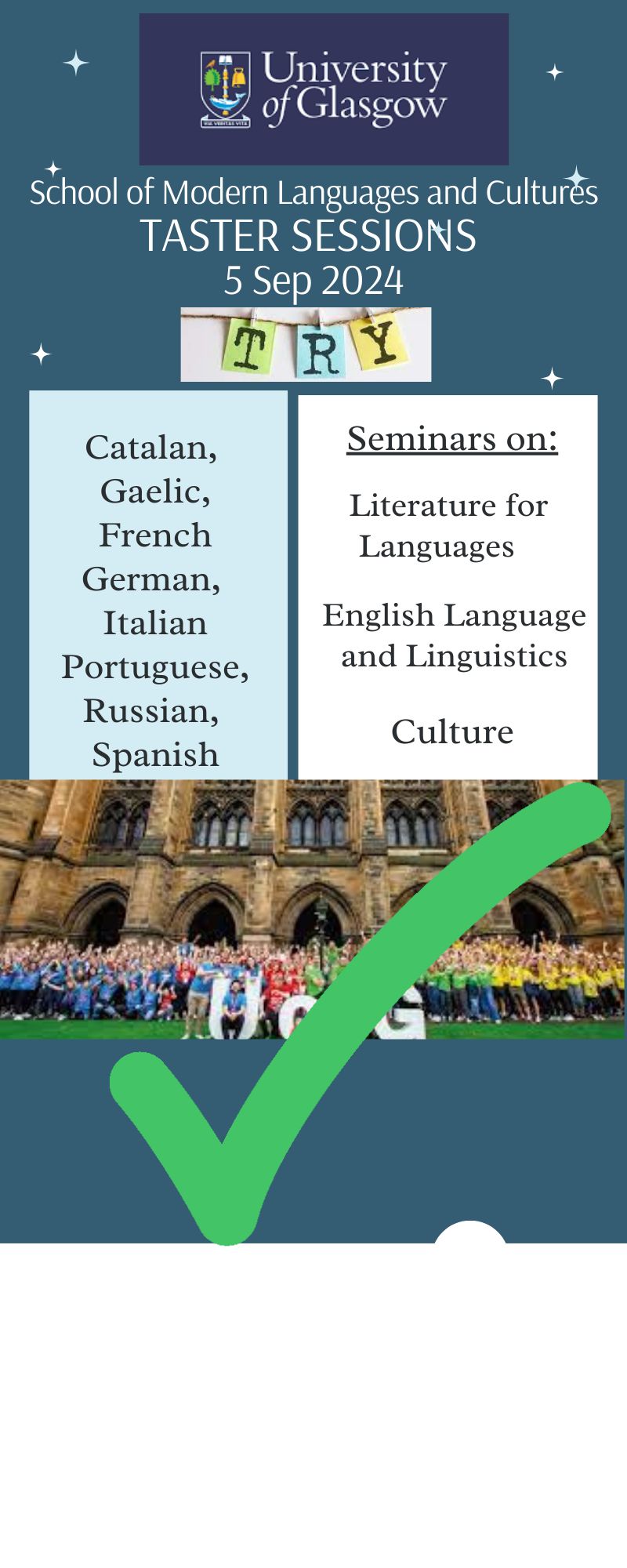 image of University of Glasgow School of Modern Languages language taster sessions including Catalan, Gaelic, French, German, Italian, Portuguese, Russian and Spanish image of University of Glasgow School of Modern Languages language taster sessions including Catalan, Gaelic, French, German, Italian, Portuguese, Russian and Spanish